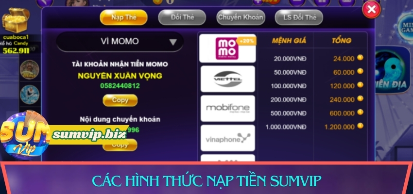 Hướng dẫn nạp tiền Sumvip chi tiết qua nhiều hình thức